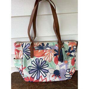 Relic Floral Tote Bag With Brown Handles Zipper Closure  Multicolor Print Faux L